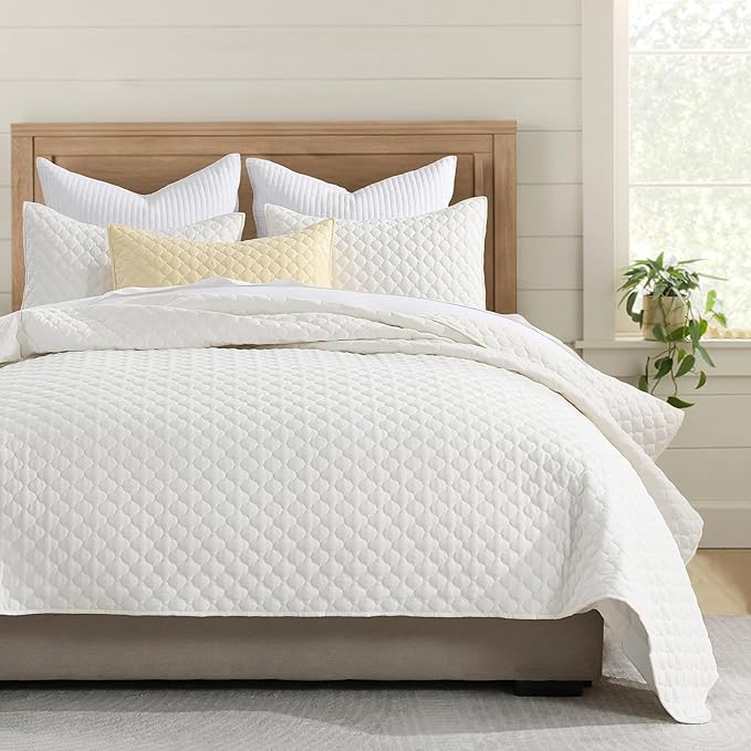 HORIMOTE HOME Cream Quilt Queen Size, Lightweight Quilt for Summer Ultra-Soft Microfiber Modern Style Quilted Clouds Pattern Bedspread Quit Set 3 Pieces(1 Quilt and 2 Pillow Shams)