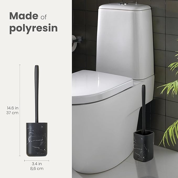 Vigar Zense Toilet Brush and Holder Set, Toilet Bowl Brush with Polyresin Stone Holder, Bathroom Sets for Bathroom Decor and Accessories, Black Marble