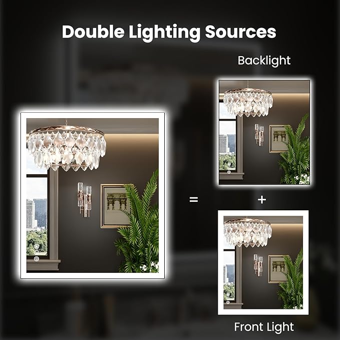 WTTY 32"X36" LED Bathroom Mirror with Black Frame, Bathroom Vanity Mirror with Lights for Wall, Front Light and Backlit, Anti-Fog, Dimmable, 3 Colors, Shatterproof, Memory, Horizontal/Vertical