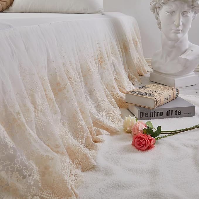 Brandream Lace Bed Skirt Twin Size Cream White 18 Inch Drop Romantic Dust Ruffle Split Corners Bed Sheets Cover Excellent Quality