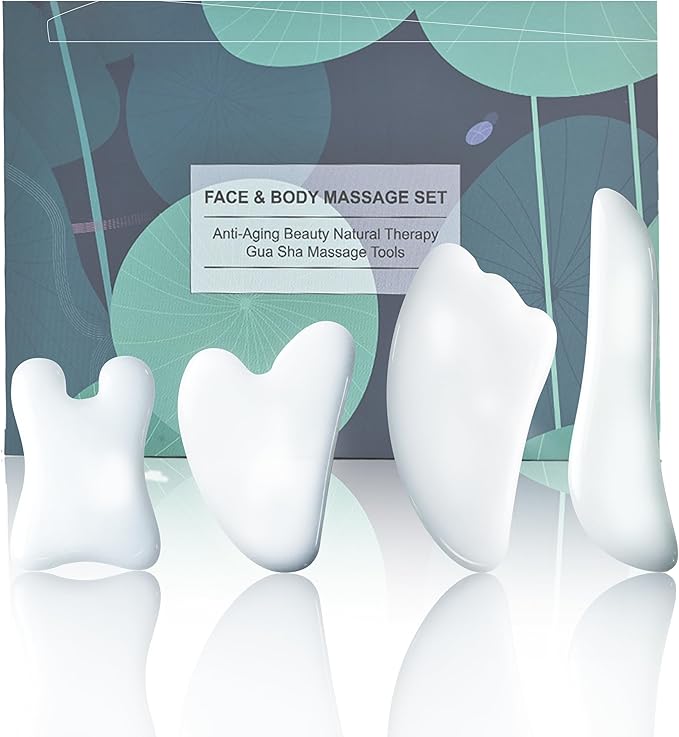 Rena Chris Guasha Massage Tool, 4 Pcs Gua Sha Facial Tool, Guasha Board for SPA Acupuncture Therapy Trigger Point Treatment, Gua Sha Scraping Massage Tool（White）