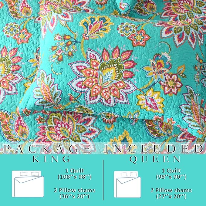 Cotton Bedspread Bedding Coverlet Quilt Sets, Reversible Vintage Branch Floral Bedspread comforters, (Vintage Turquoise Paisley Floral Pattern, Queen Size)