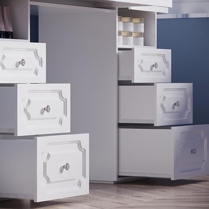 Makeup Vanity with Lighted Mirror, 47" Large Vanity Desk with 9 Drawers & 10 Open Storage Shelves, Brightness Adjustable, Dressing Table for Bedroom, Women Girl (White, B Panel)