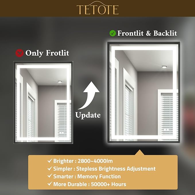 TETOTE 60 x 28 Large Bathroom Mirror Brushed Black Metal Frame Frontlit & Backlit Vanity Mirror 3 Colors White/Warm/Natural Stepless Dimmable Anti-Fog Bathroom Mirrors for Vanity Wall-Mounted