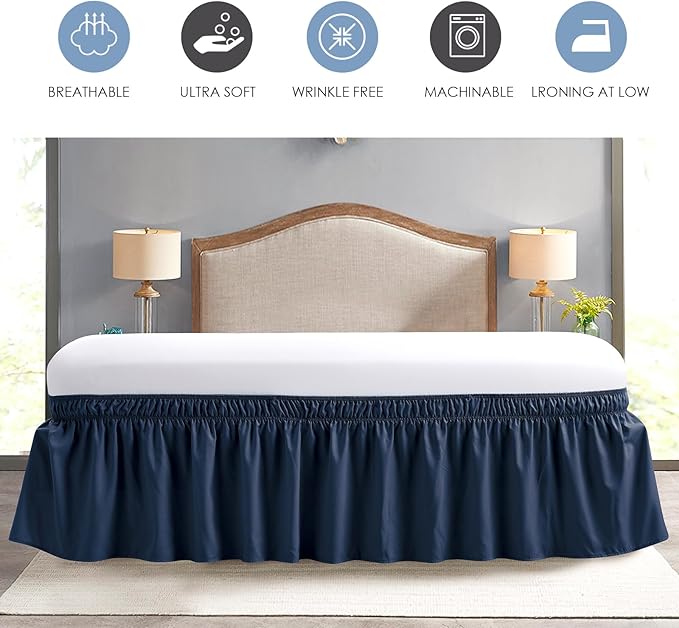 FreshCulture Elastic Wrap Around Bed Skirt - Easy Fit with 22-Inch Tailored Drop, Hotel Quality Dust Ruffle for Full Size Bed (Navy Blue)