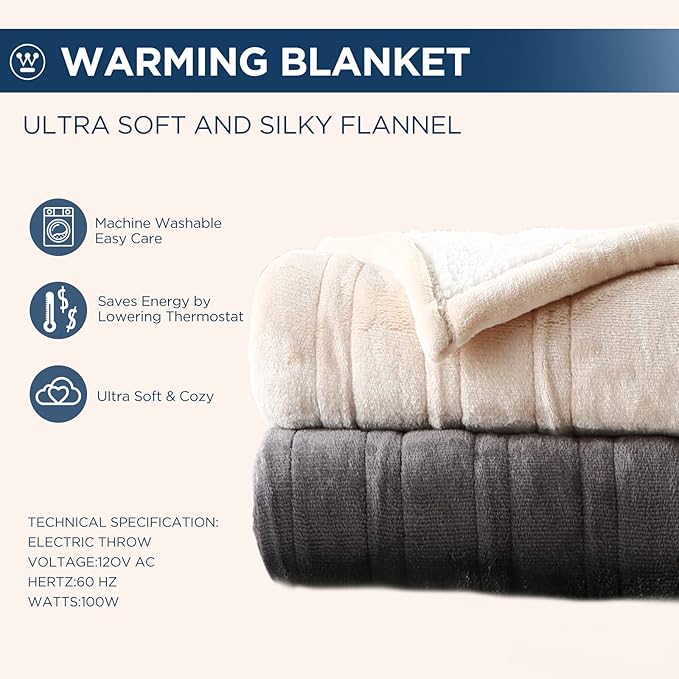 Westinghouse Electric Blanket Full, Heated Blanket Full Size with 10 Heating Levels and 1 to 12 Hours Heating Time Settings, Flannel to Sherpa Reversible, Machine Washable (80" x 84", Charcoal)