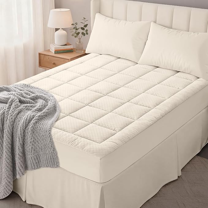 OLANLY Twin Quilted Fitted Mattress Pad – Soft Pillow Top Mattress Topper, Down Alternative Fill, Cooling Comfort Breathable Mattress Cover, Machine Washable Deep Pocket Mattress Protector, Ivory