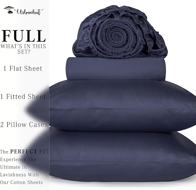 URBANHUT 1000 Thread Count Full Sheet Set Egyptian Cotton Sheets, Long Staple Soft & Breathable, 4 Pc Bed Sheet Sets, Luxury Hotel Sateen Sheets Fits 16" Deep Pocket - Navy Blue