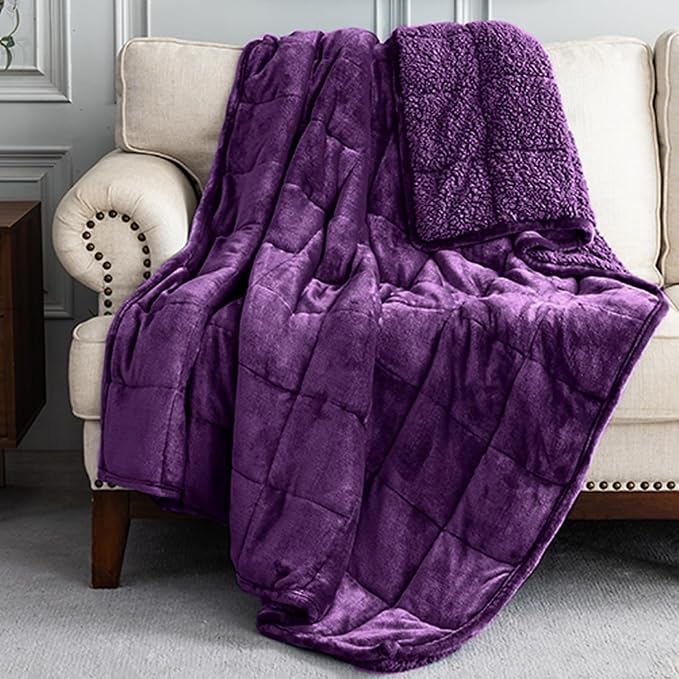 Uttermara Weighted Blanket for Adults, King Size Heavy Blanket with Reversible Soft Shiny Velour Fleece and Cozy Warm Sherpa for Couch Bed, Calming and Relaxing, 60 x 80 inches 20 lbs in Purple