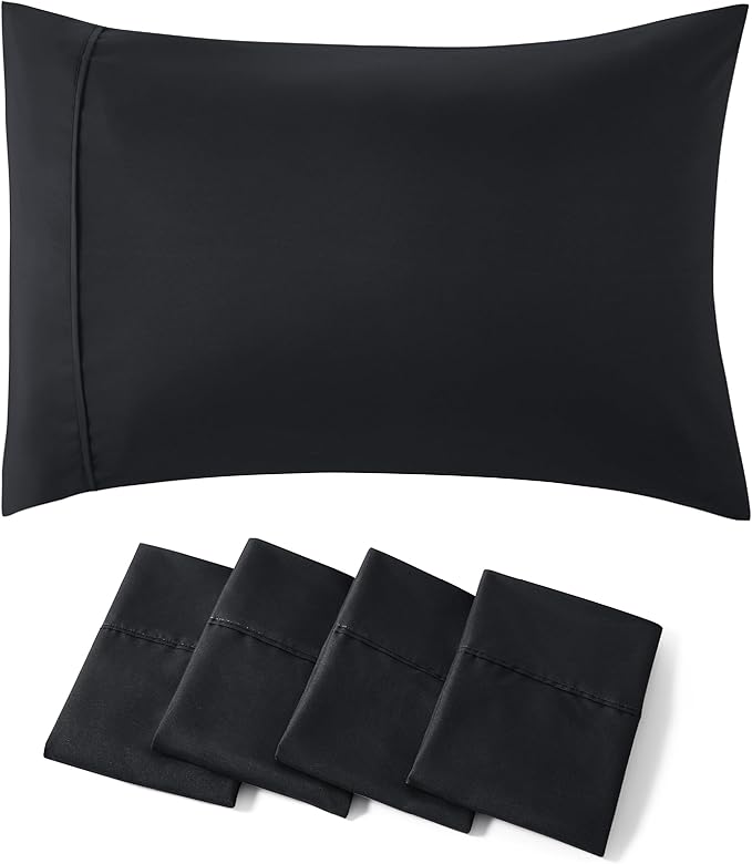 Bedsure Pillow Cases Standard Size Set of 4 - Black Brushed Microfiber Pillowcases 4 Pack, Super Soft and Cozy Pillow Case Covers with Envelope Closure, Wrinkle, Fade and Stain Resistant, 20x26 Inches