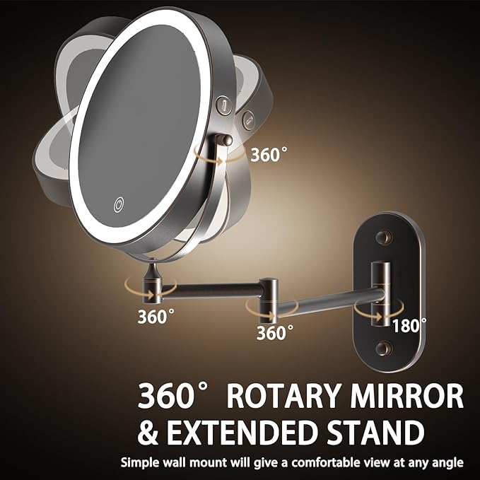 Rechargeable Wall Mounted Lighted Makeup Vanity Mirror 8 Inch Double Sided 1X 10X Magnifying Bathroom Mirror, 3 Color Lighting, Touch Screen Dimming, 360 Rotation Oil Rubbed Bronze