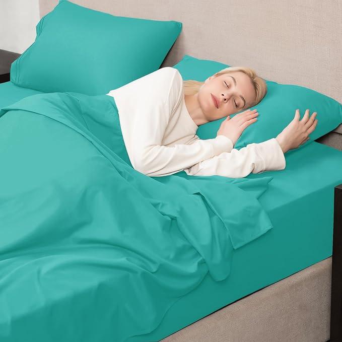 Mejoroom Queen Size Sheet Set - Hotel Luxury 1800 Bedding Sheets & Pillowcases - Deep Pocket Fitted Sheet, Soft, Breathable, Wrinkle & Fade Resistant - 4 Piece (Queen, Teal)