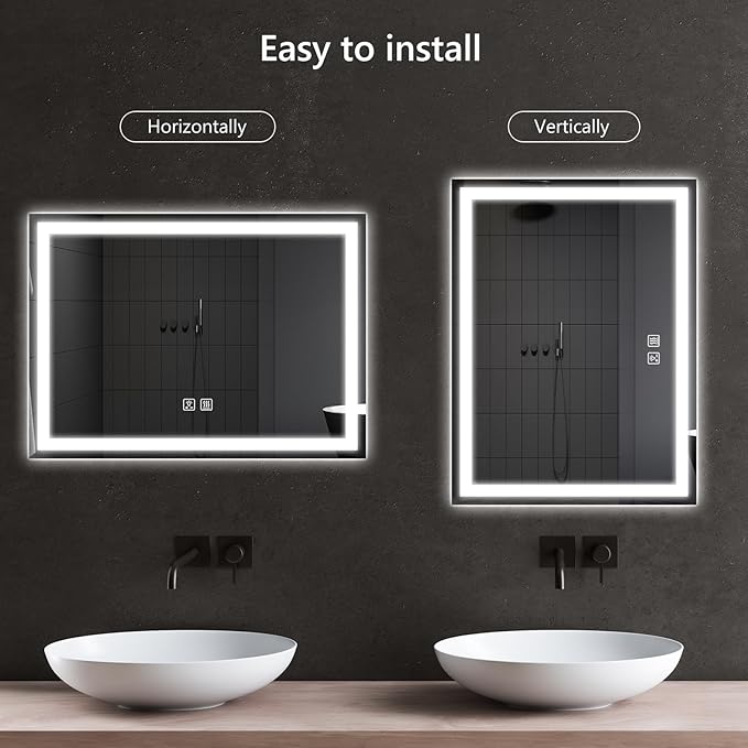 APRILSOUL 40x32 Inch LED Bathroom Mirror with Front and Backlit, Makeup Mirror with 3 Color Lights, Memory Function, Anti-Fog and Dimmable Light (Horizontal)