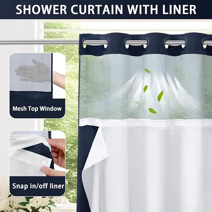 YellyHommy Stall No Hook Shower Curtain with Snap in Liner Set Less Time Blue Waffle Shower Curtain for Bathroom 75" L x 36" W