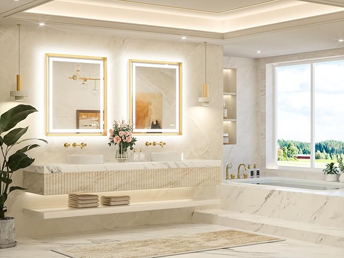 TETOTE Led Bathroom Mirror 30 x 36 with Brushed Gold Frame Anti-Fog Frontlit & Backlit Vanity Mirror Stepless Dimmable Lighted Mirrors for Bathroom Wall 3 Colors White/Warm/Natural Wall-Mounted
