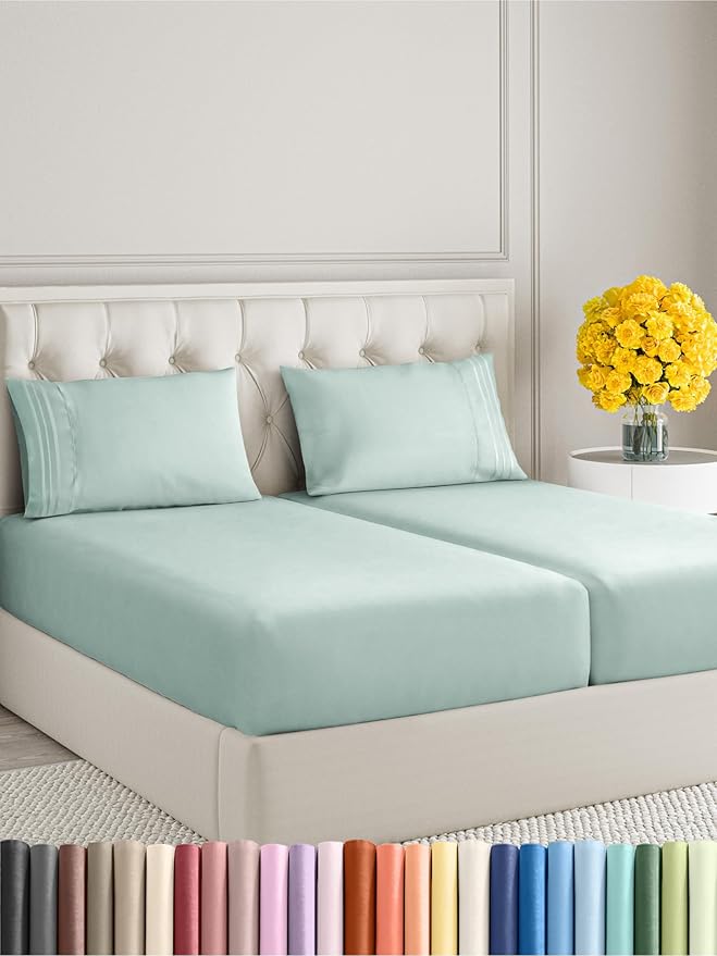 Split King Size 5 Piece Sheet Set - Extra Soft, Breathable And Cooling Sheets - Hotel Luxury Bed Sheets for Women & Men - Deep Pockets, Easy-Fit & Wrinkle-Free Sheets - Light Teal Oeko-Tex Bed Sheets
