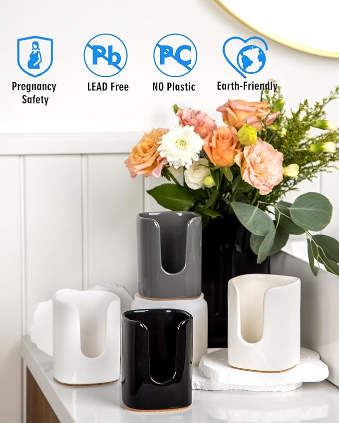 5 oz Square Ceramic Bathroom Cup Dispenser for Kids and Pregnancy - Disposable Paper Cup Holder for Mouthwash Cups on Bathroom Vanity Countertop (1 Pack, Off- White)