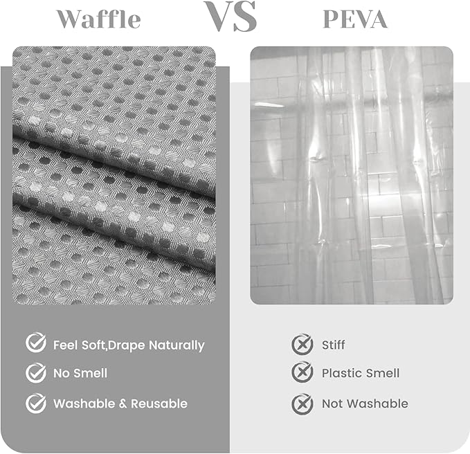 No Hook Shower Curtain with Snap in Liner Set Waffle Shower Curtain for Bathroom Hotel Style Fabric Waterproof Inner Liner，71" W x 86" H, Grey