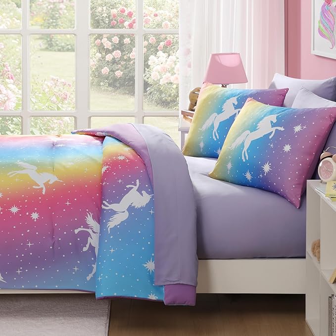 Twin Comforter Set for Girls-5 Pieces Rainbow Unicorn Twin Bedding Sets for Kids, Ultra Soft Bed in A Bag with Sheets