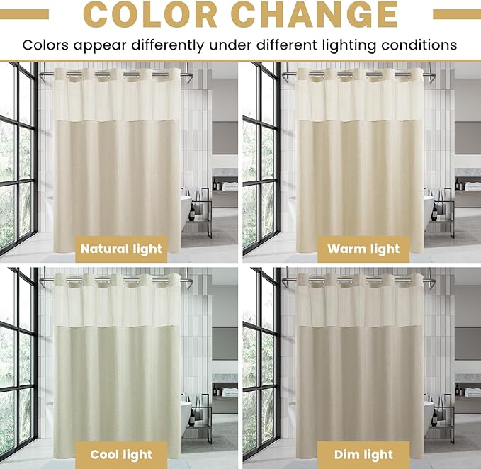 No Hooks Luxury Shower Curtain Set with Snap-in Liner, Polyester Textured with See-Through Top Window, Waterproof & Washable Hotel Style for Bathroom, 71W x 77H, Cream