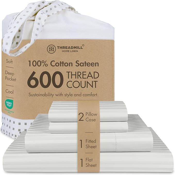 Threadmill 100% Cotton Sheets for Queen Size Bed - 600 Thread Count Queen Bed Sheets Set with 16” Deep Pocket - Damask Stripe Sateen Weave 4-Piece Bedding Set with Cooling Effect, Light Grey