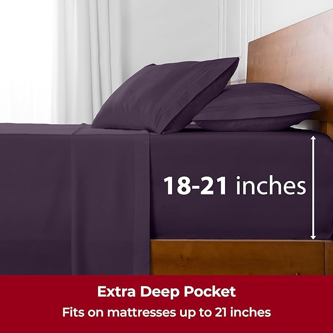 Mellanni Extra Deep King Sheets - 4 PC Iconic Collection Bedding - Hotel Luxury, Ultra Soft, Cooling Bed Sheets - Wrinkle, Fade, Stain Resistant (King, Purple)