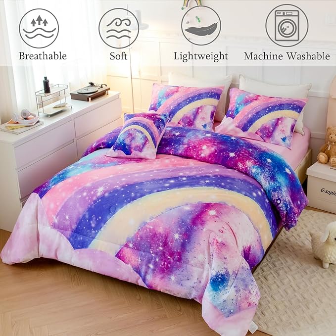 ANGIYUIN 6Pcs Pink Full Size Bed in A Bag for Girls 3D Tie Dye Comforter Sets Colorful Rainbow Kids Bedding Sets Ultra Soft Pastle Nebula Printed Bed in A Bag with Sheets