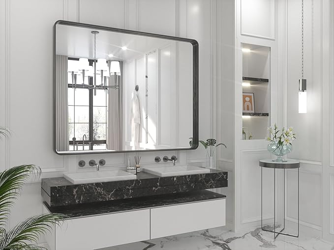 TETOTE 48 x 40 Inch Black Frame Mirror, Bathroom Vanity Mirror for Wall, Modern Rectangle Round Corner Matte Framed Mirror (Horizontal/Vertical)