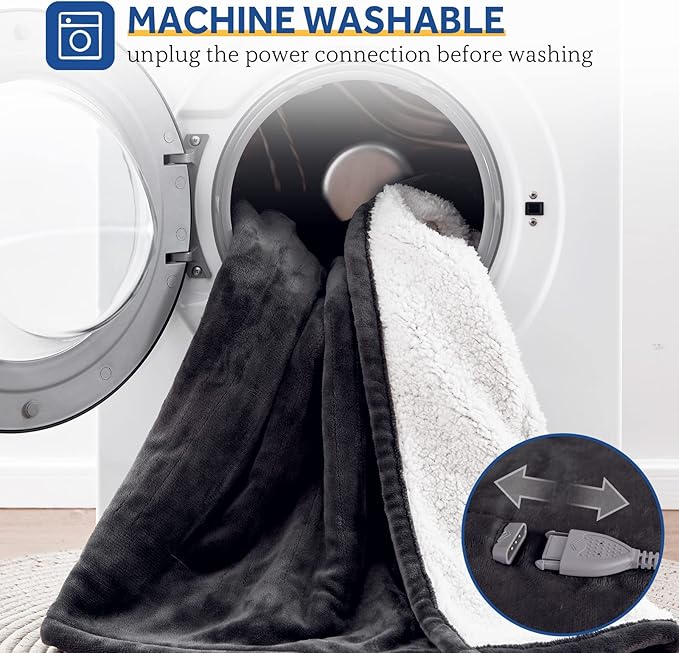 SEALY Electric Blanket Twin Size, Flannel & Sherpa Heated Blanket with 10 Heating Levels & 1-12 Hours Auto Off, Machine Washable, Grey, 62x 84 Inch