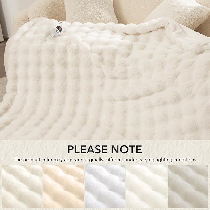 Faux Rabbit Fur Bubble Electric Blanket Full White - Fuzzy Soft Plush Heated Blanket Full Size with 6 Heating Levels & 10 Timer Settings, Home Decor Gifts for Women, ETL Certified, 72" x 84"