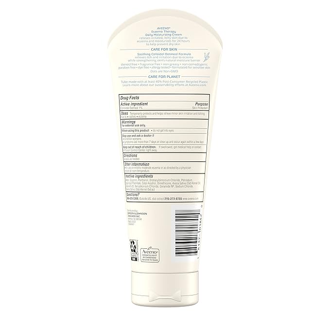 Aveeno Eczema Therapy Daily Moisturizing Body Cream for Sensitive Skin, Soothing Eczema Relief Cream, Colloidal Oatmeal & Ceramide for Dry & Itchy Skin, Steroid- & Fragrance-Free, 7.3 oz