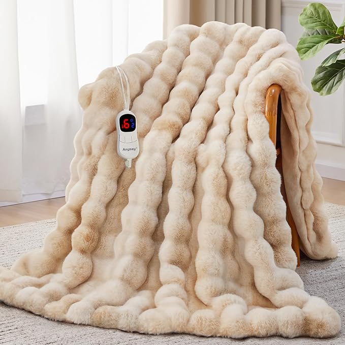 Heated Blanket Queen Size with 1/2/4/6/8 Hours Auto-Off 10 Heat Level, 72'' * 84'' Cozy Faux Rabbit Fur Bubble Electric Blanket with Overheat Protection(Tie-Dye Beige)