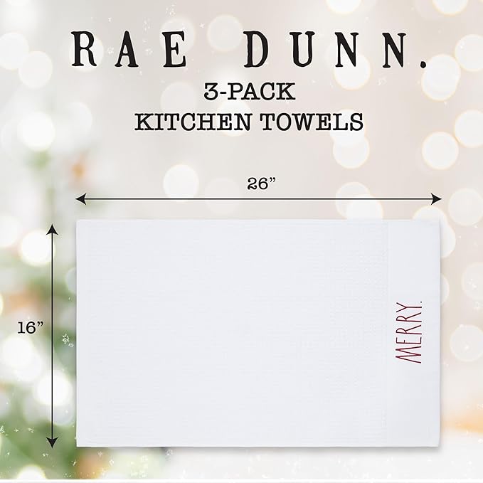 Rae Dunn Set of Hand Towels for Kitchen and Bathroom, 100% Cotton, Embroidered Dish Towels, Decorative Hand Towels, Christmas, 3 Pack