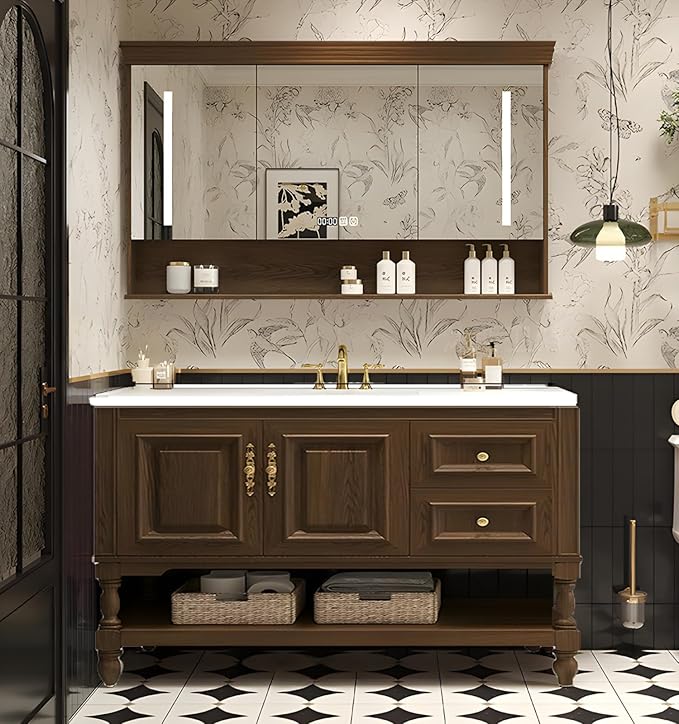 32" Bathroom Vanity with Sink,Freestanding Bathroom Vanity Large Storage Cabinet & Open Mirror Cabinet,2 Soft Closing Doors and 2 Drawers Solid Wood Luxury Bathroom Vanities Set,Brown