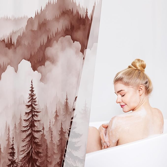 Burgundy Small Stall Misty Pine Forest Shower Curtain 36 x 72, Mountain Foggy Woodland Scenery Tree Narrow Half Size Shower Curtains for Bathroom, Abstract Waterproof Nature-Themed Decor
