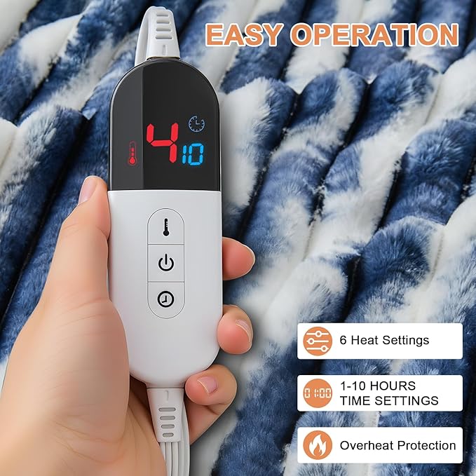Heated Blanket Full - 72"x84" Fast Heating Bed Electric Blankets with 6 Heating Levels & 10 Hours Auto Off, Soft Ribbed Faux Fur Sherpa, Over-Heated Protection ETL, Navy Blue