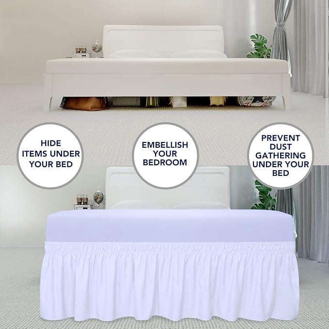 PureFit Wrap Around Ruffled Bed Skirt with Adjustable Elastic Belt - 18 Inch Drop Easy to Put On, Wrinkle Free Bedskirt Dust Ruffles, Frame Cover for Queen, King and C-King Size Beds, White