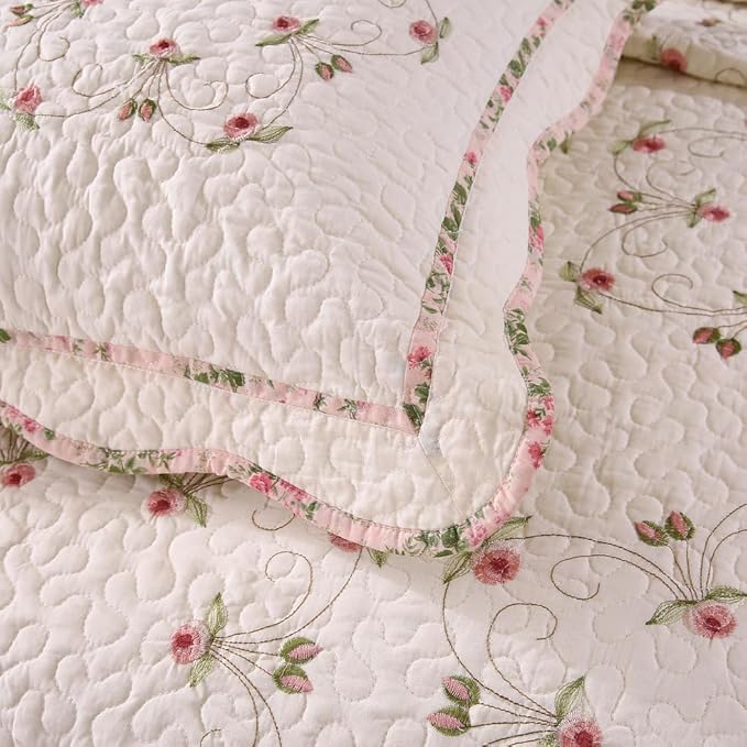 Quilt Set Floral Leaves 3D Embroidery Pattern 2 PCS Cotton Reversible Quilted Embroidered Decorative Bedspreads Coverlet Set, Lightweight &Soft Queen Size Beige Bedding Coverlet for All Season