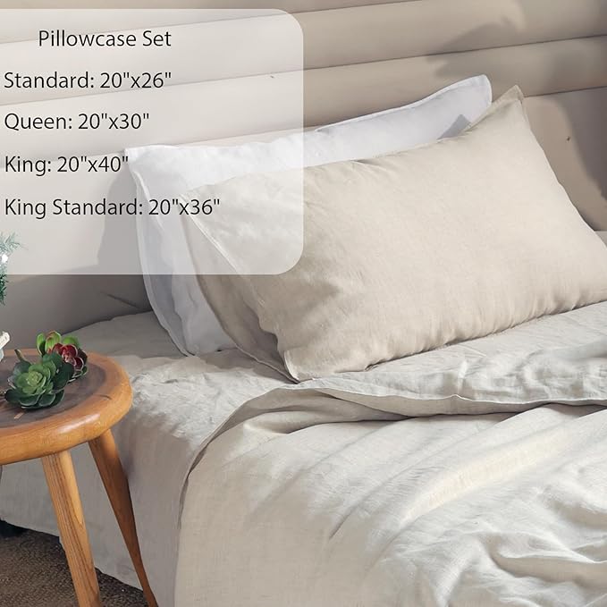 XZ XIFA Linen Pillowcases Queen - Pack of 2-100% Natural Washed French Flax, Breathable, Durable, Textured Envelope Pillowcases - Linen, 20'' x 30''