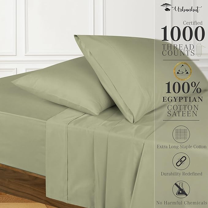 URBANHUT 100% Egyptian Cotton Sheets - 1000 Thread Count Full Size Sheets Set (4Pc), Long Staple Cotton Bedding Sheets, All Season Sateen Weave, Luxury Hotel Bedsheets,16" Deep Pocket - Sage(Moss)