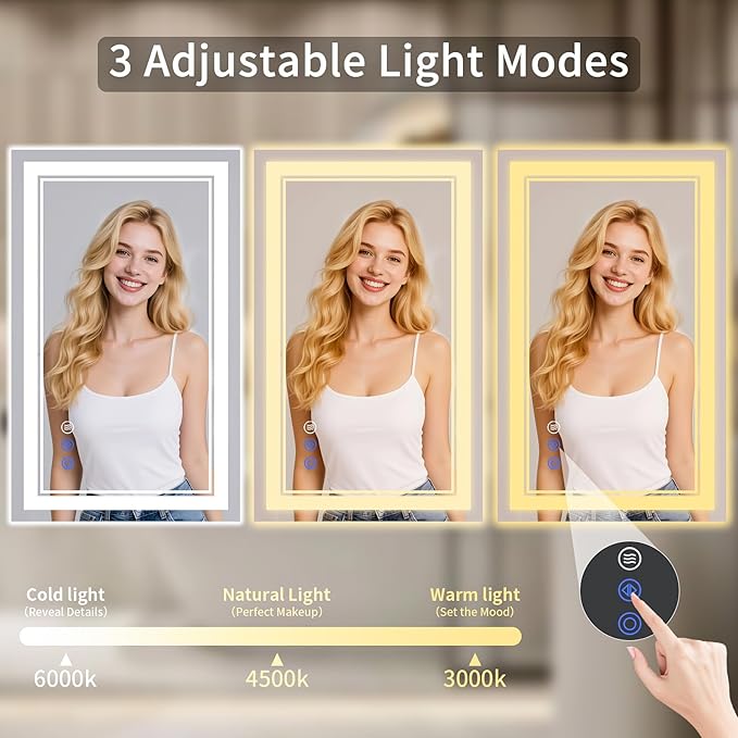 36"x40" LED Bathroom Mirror with Lights, Anti-Fog, Backlit + Front Lit, Dimmable, Led Vanity Mirror for Wall, Lighted Bathroom Mirror, 3 Colors, Shatter-Proof Tempered Glass