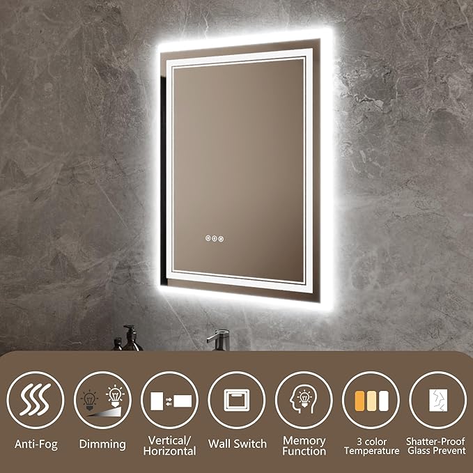 Bathroom Mirror with Lights 24"X32" with Front Light and Backlit, Tempered Glass, Wall Mount Horizontal/Vertical, Stepless Dimmable, 3 Colors, Anti Fog, Bathroom Memory LED Mirror