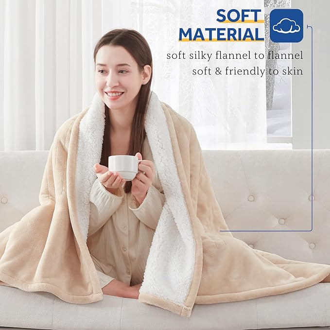 SEALY Electric Blanket Queen Size, Flannel & Sherpa Heated Blanket with 10 Heat Setting & 1-12 Hour Auto Shut Off, Fast Heating Blanket, Machine Washable, Beige, 84 x 90 Inch