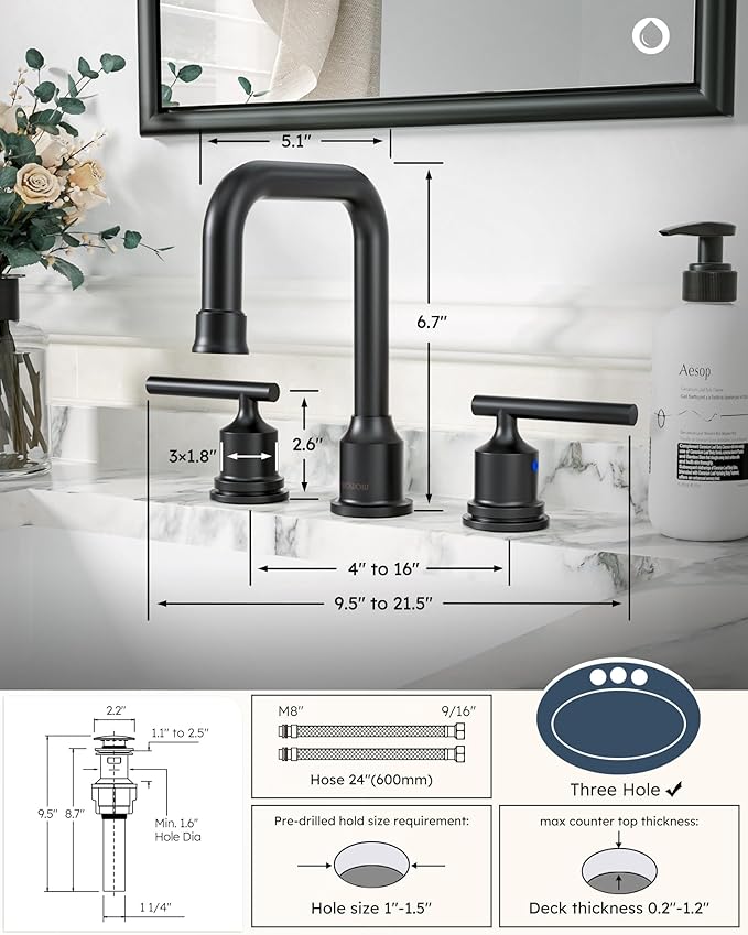 WOWOW Two Handles Widespread 8 inch Bathroom Faucet Black 3 Pieces Basin Faucets 360 Degree Swivel Spout Lavatory Sink Faucet