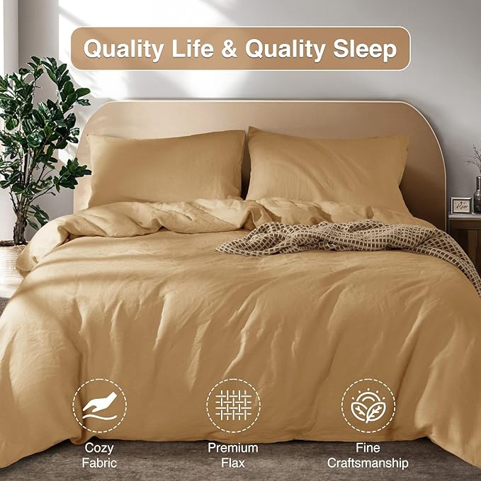 SONORO KATE 100% French Linen Duvet Cover Queen Size, Soft Breathable for Hot Sleepers, Moisture Wicking & Durable Cover Set - Zipper Closure & 4 Corner Ties Duvet Covers 3 Piece (Rust,Queen)