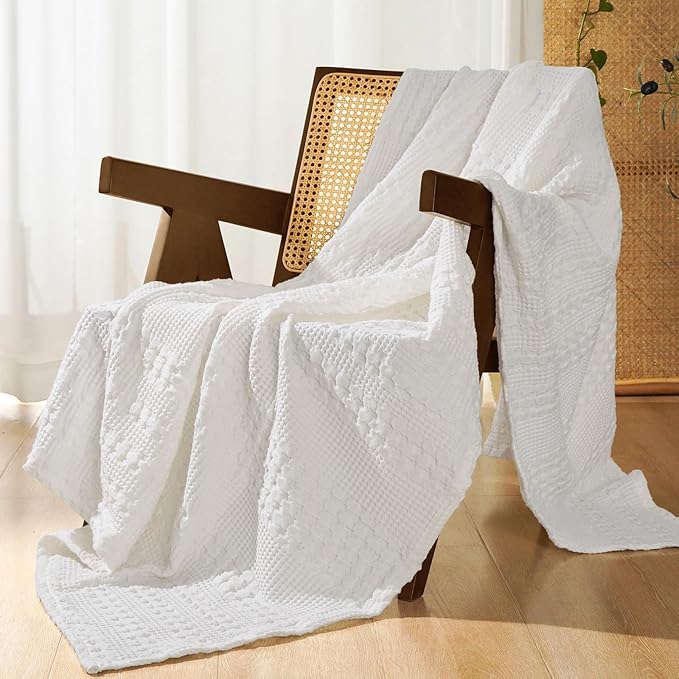 PHF 100% Cotton Waffle Weave Throw Blanket, Soft Lightweight Breathable Cozy Throws for Couch Bed Sofa, Luxury Aesthetic Woven Blanket for Home Decor & Office, 50"x60", White