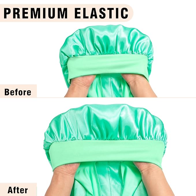 3Pcs Bonnets for Black Women - Satin Silk Bonnet with Stretchy Tie Band for Braids, Long Curly Hair (Black, Green, Brown)