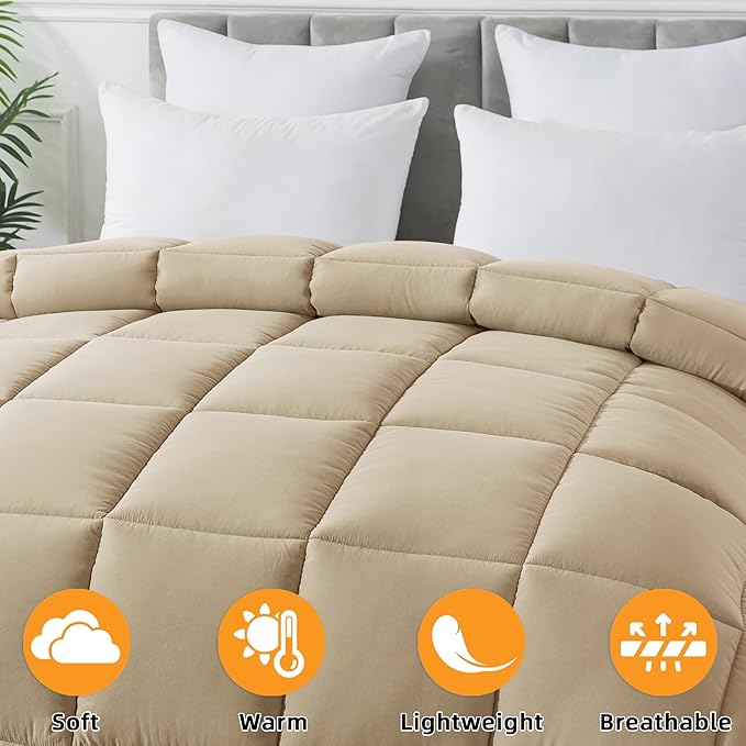 Cosybay Down Alternative Comforter (Beige, King) - All Season Soft Quilted King Size Bed Comforter - Duvet Insert with Corner Tabs -Winter Summer Warm Fluffy, 102x90 inches