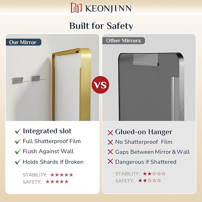 Keonjinn Gold Bathroom Mirrors for Over Sink, 40” x 24” Rounded Rectangle Brushed Gold Vanity Mirror, Anti-Rust Brass Mirror with HD Tempered Glass, Decorative Farmhouse Mirrors, Horizontal/Vertical