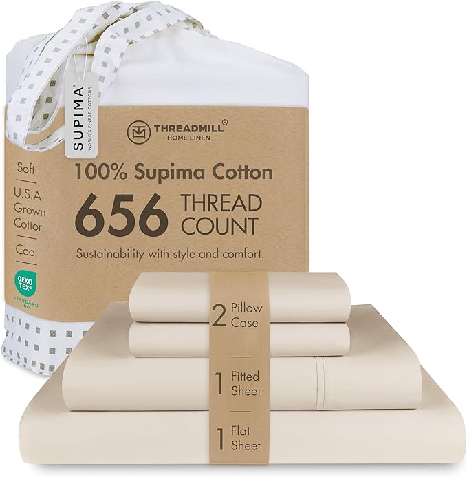 Threadmill California King Sheet Sets |Certified American Supima Cotton Sheets | 656 Thread Count 4 Piece Hotel Quality Luxury Bed Sheets Set with Elasticized Extra Deep Pocket |Beige Sheets